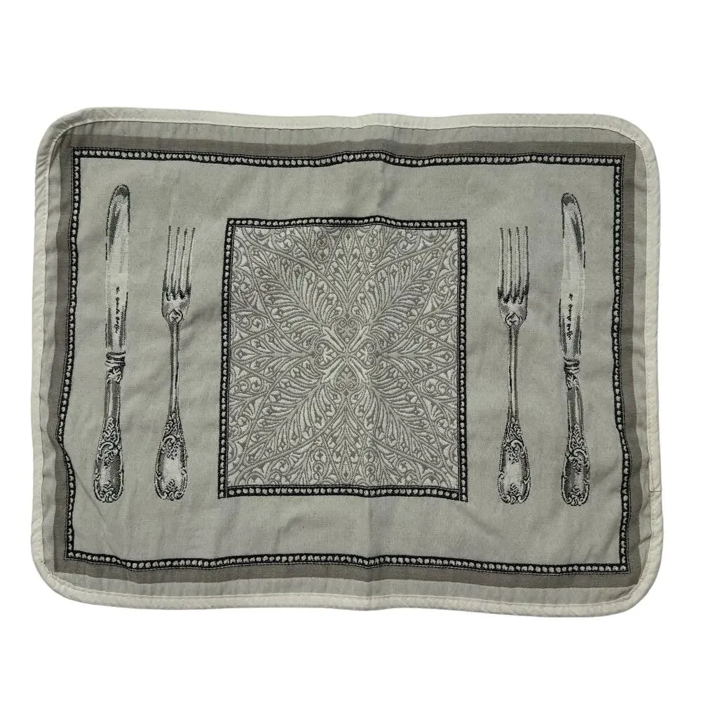 TISSUS TOSELLI Embroidered Place Setting Placemats Tan Black Set of 4 France